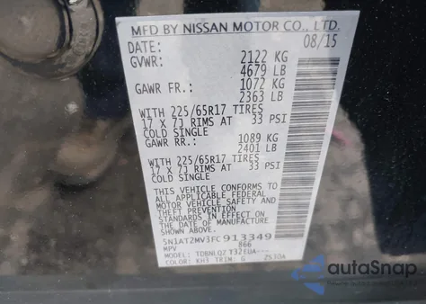 2015 Nissan Rogue Sv z USA, uszkodzony, nr VIN 5N1AT2MV3FC913349